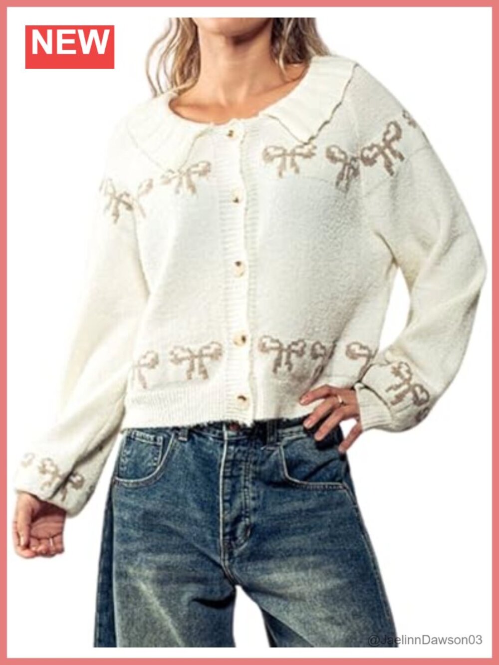 Scalloped Collar Bow Embroidered Cardigan Long Sleeve Knitwear